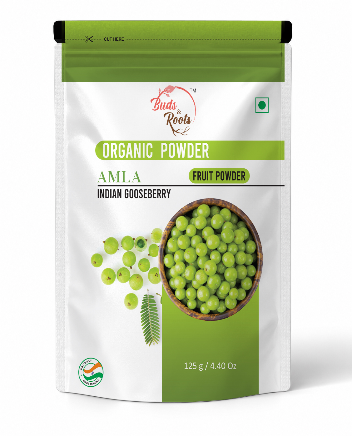 Buds & Roots Amla Powder organic herbal powder in a resealable pouch.