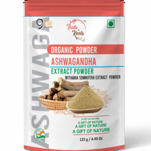 Buds & Roots Ashwagandha Organic Powder in a resealable pouch.