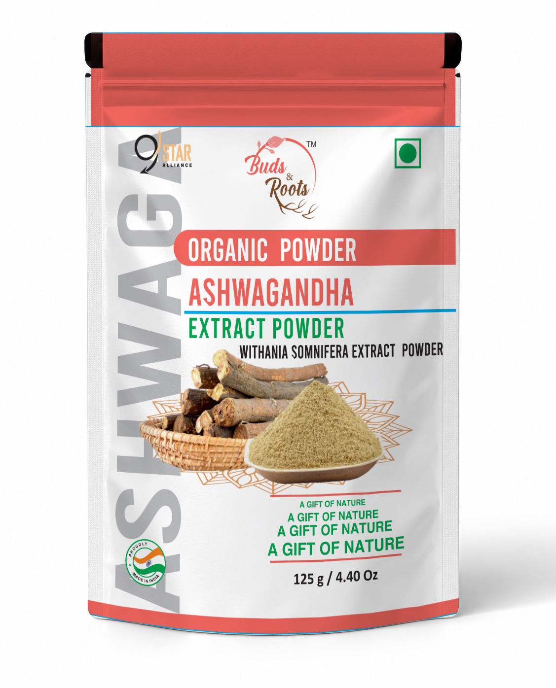 Buds & Roots Ashwagandha Organic Powder in a resealable pouch.