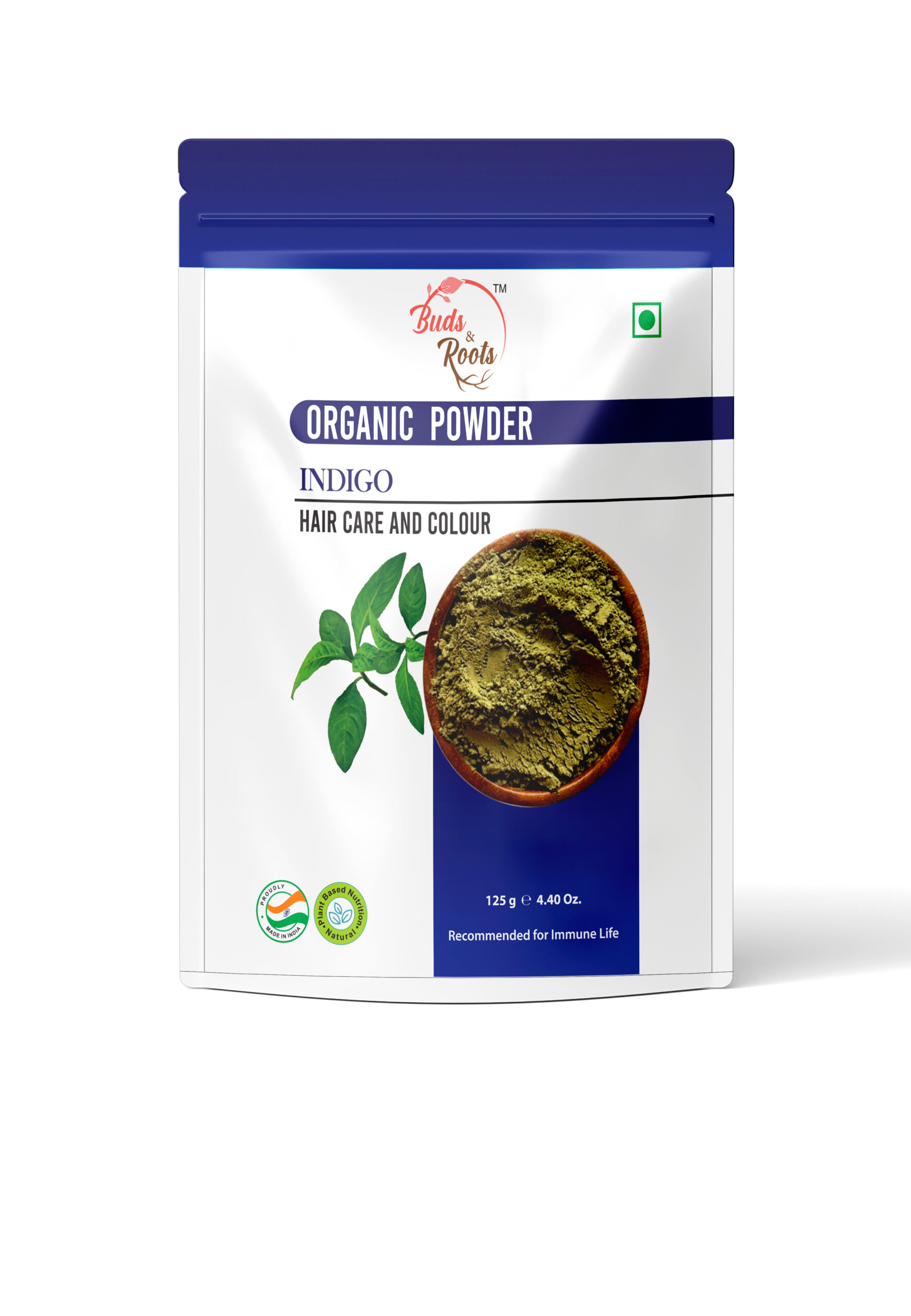 Buds & Roots Indigo Powder in Trinidad and Tobago, finely ground indigo powder in convenient packaging for traditional hair care and personal-care use.