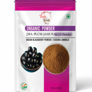 Buds & Roots Java Plum Jamun Seed Organic Powder in a resealable pouch.
