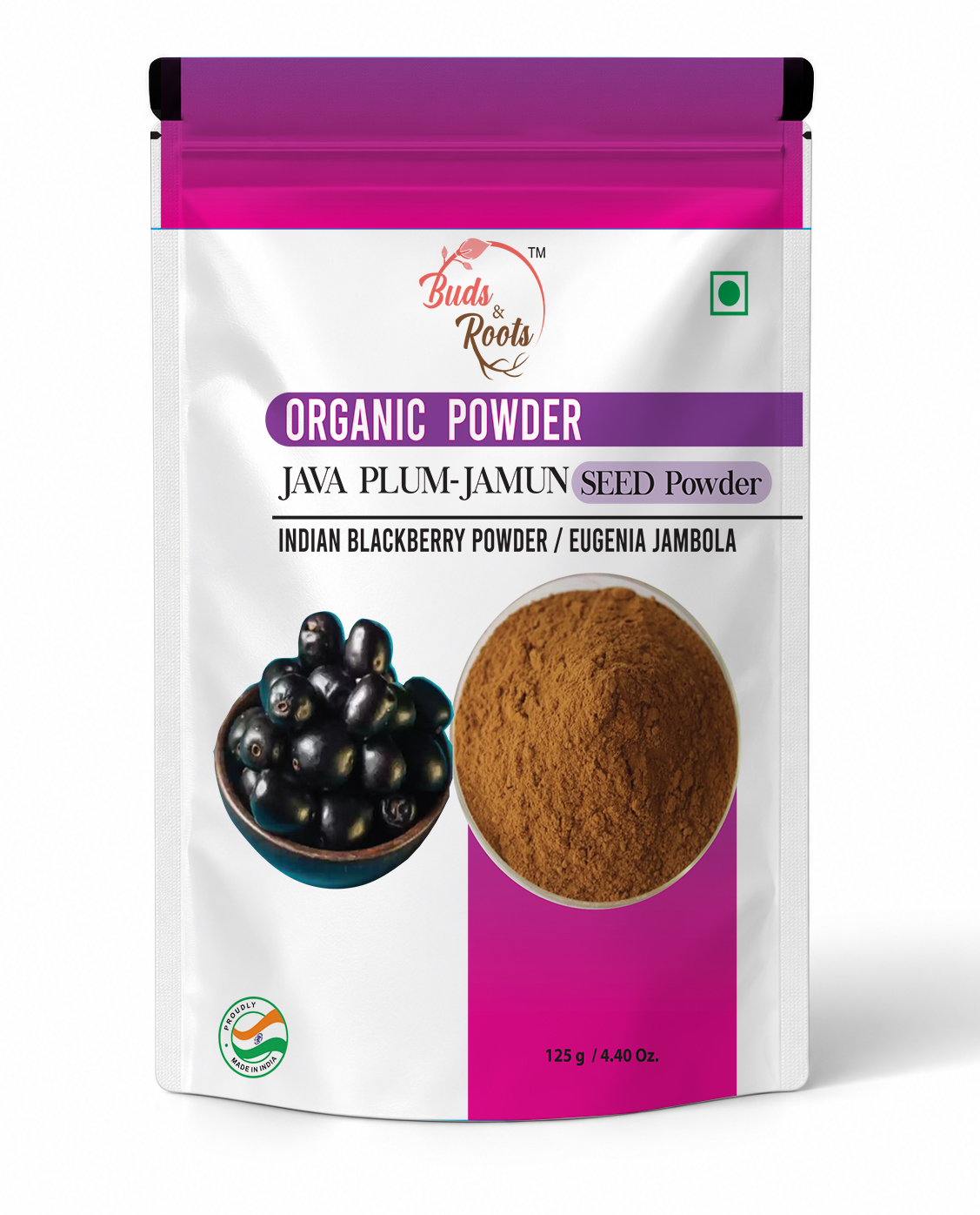 Buds & Roots Java Plum Jamun Seed Organic Powder in a resealable pouch.