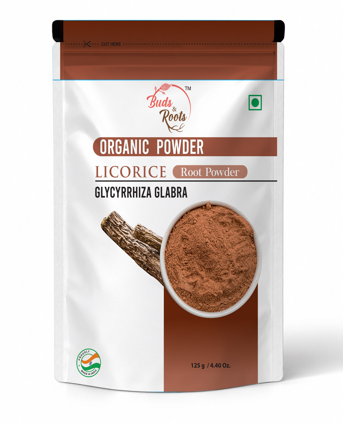 Buds & Roots Licorice Root Powder organic powder in a 125 g resealable pouch.