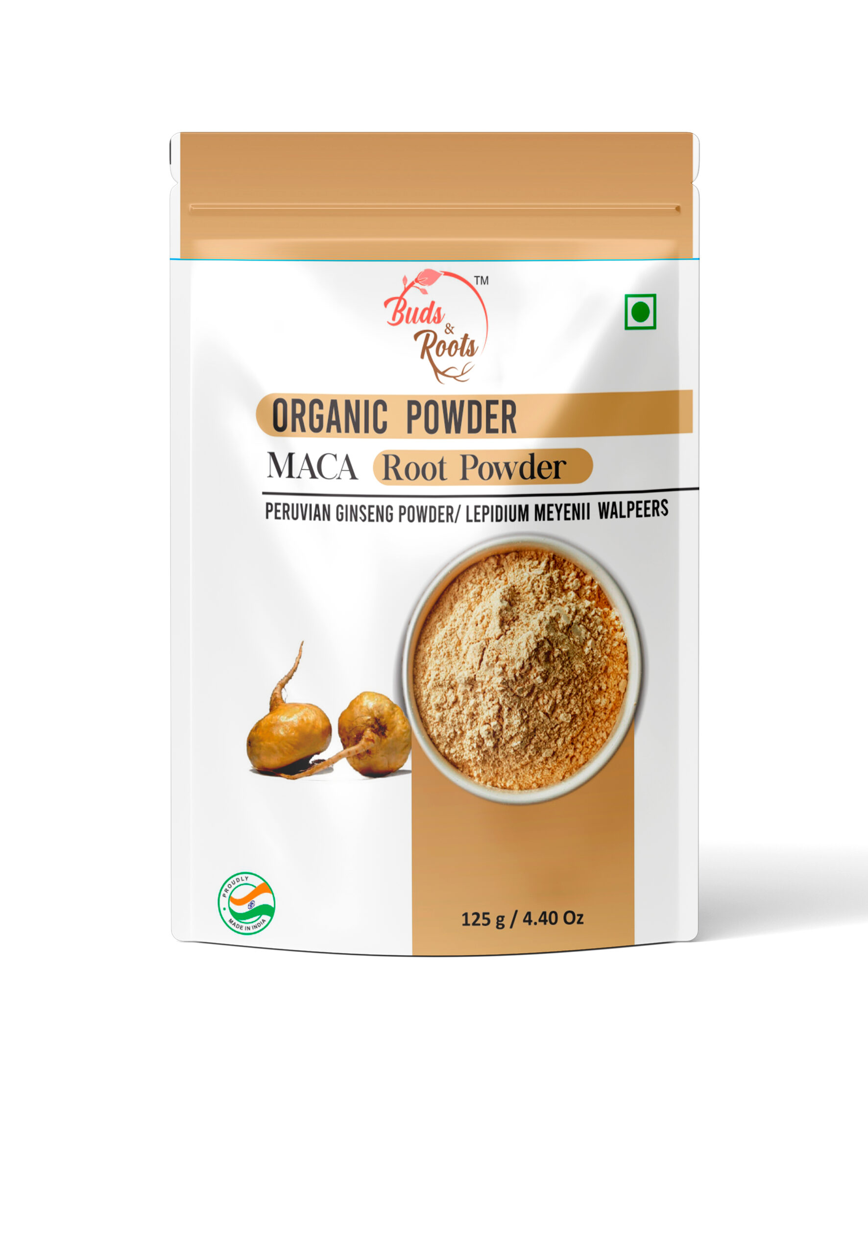 Buds & Roots Maca Root Organic Powder in Trinidad and Tobago, finely ground maca root powder in convenient packaging for everyday wellness use.