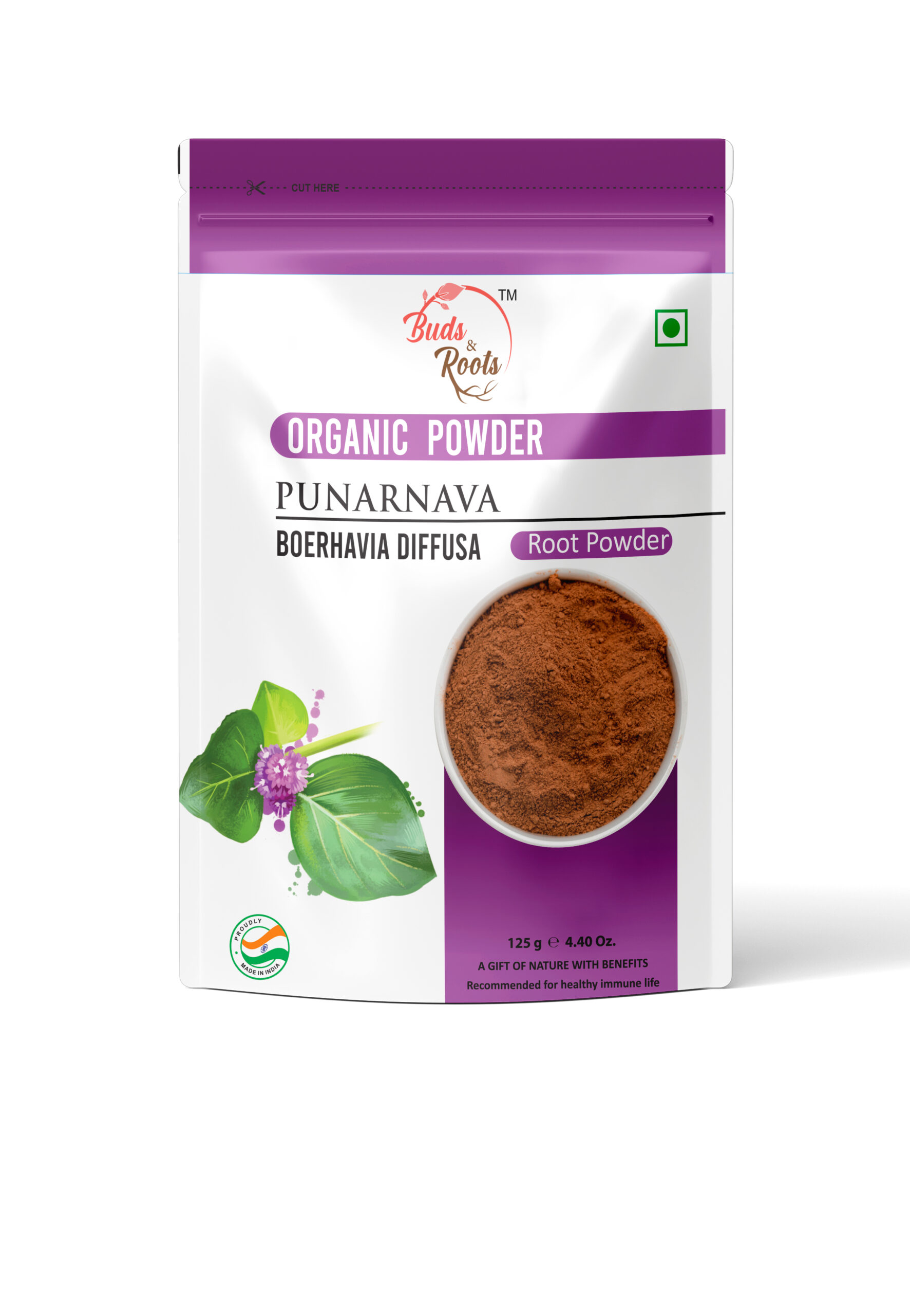 Buds & Roots Punarnava Organic Powder in Trinidad and Tobago, finely ground Punarnava powder in convenient packaging for everyday herbal use.