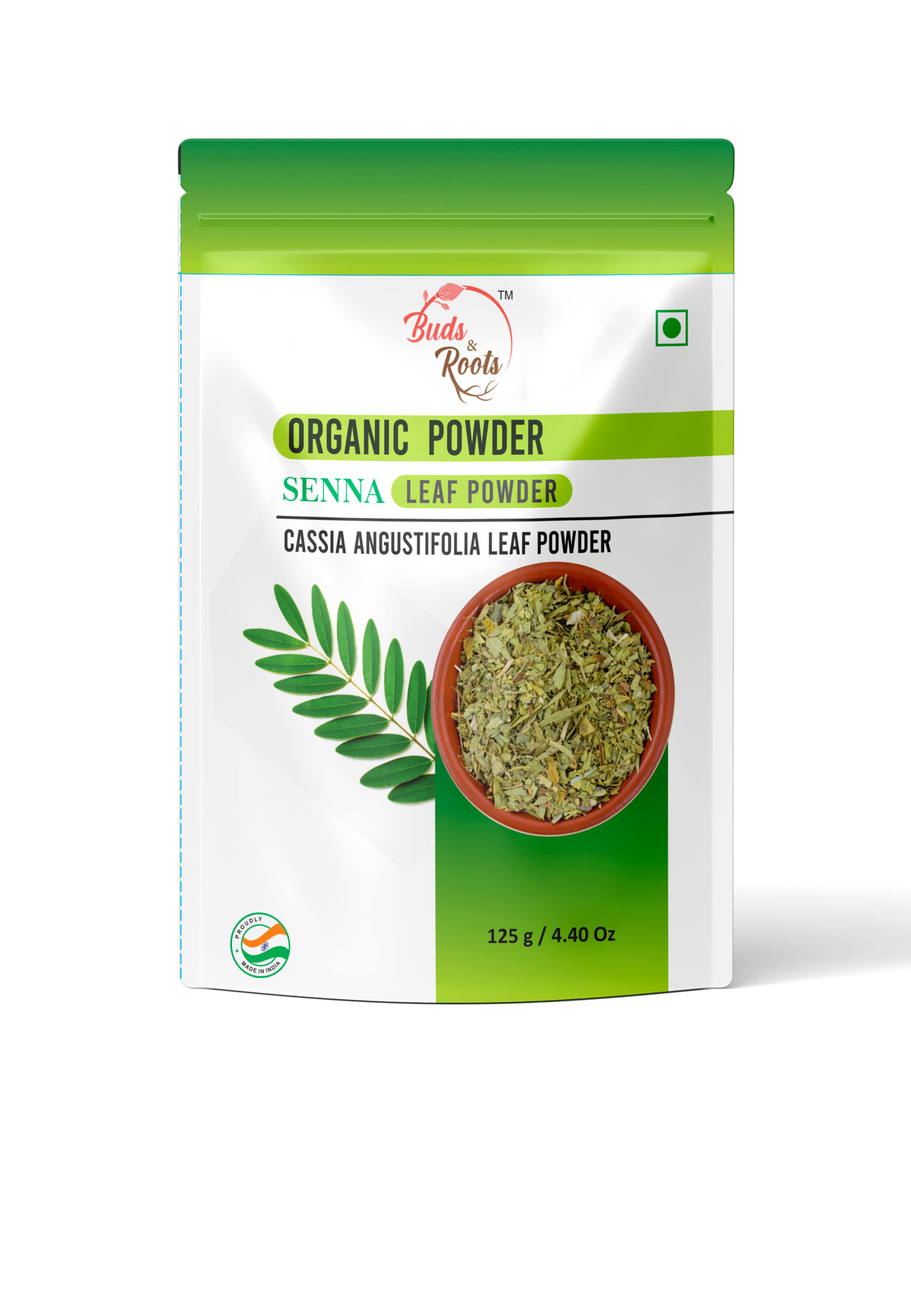 Buds & Roots Senna Leaf Organic Powder in Trinidad and Tobago, finely ground senna leaf powder in convenient packaging for herbal use.