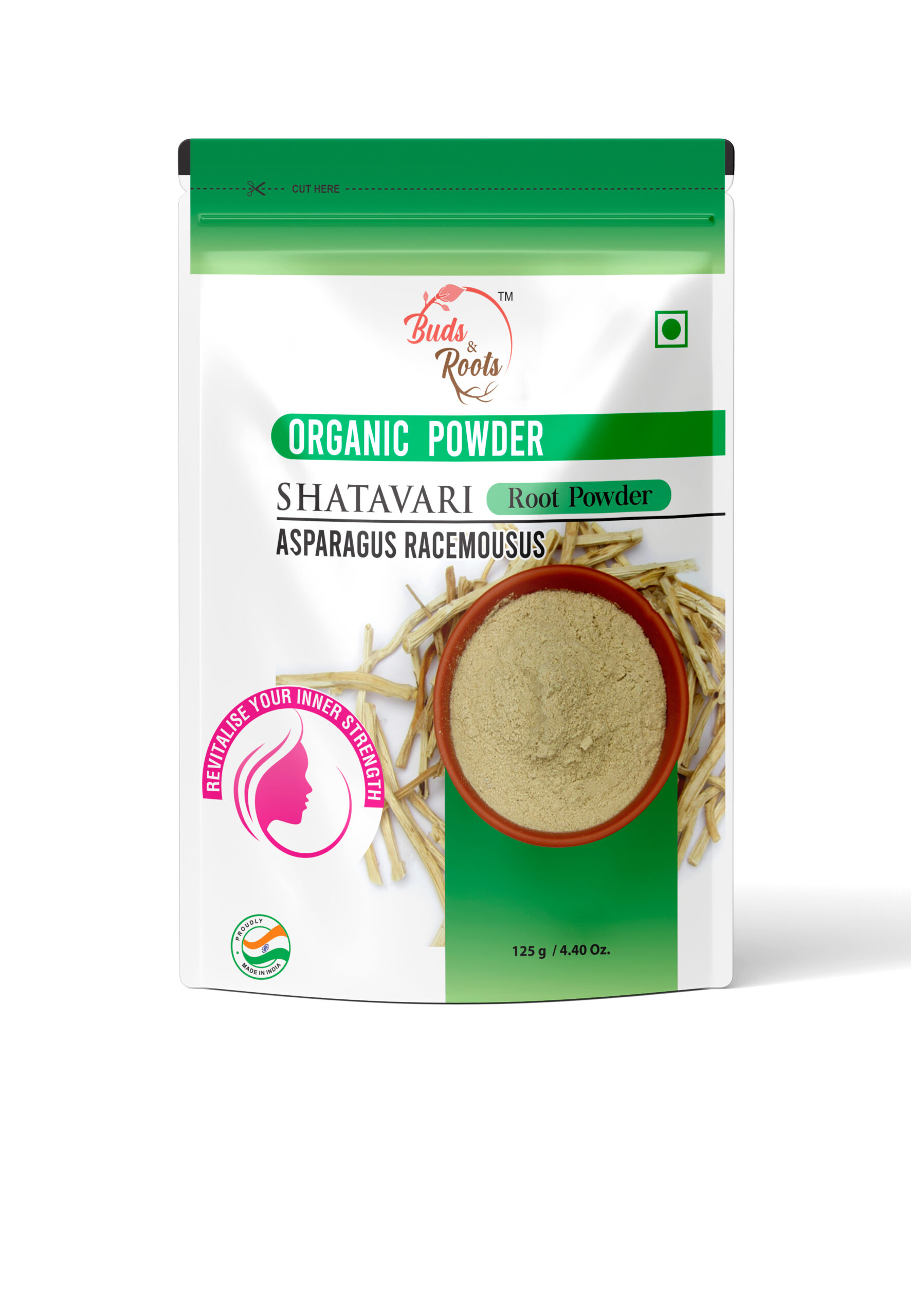 Buds & Roots Shatavari Root Organic Powder in Trinidad and Tobago, finely ground shatavari root powder in convenient packaging for everyday herbal use.