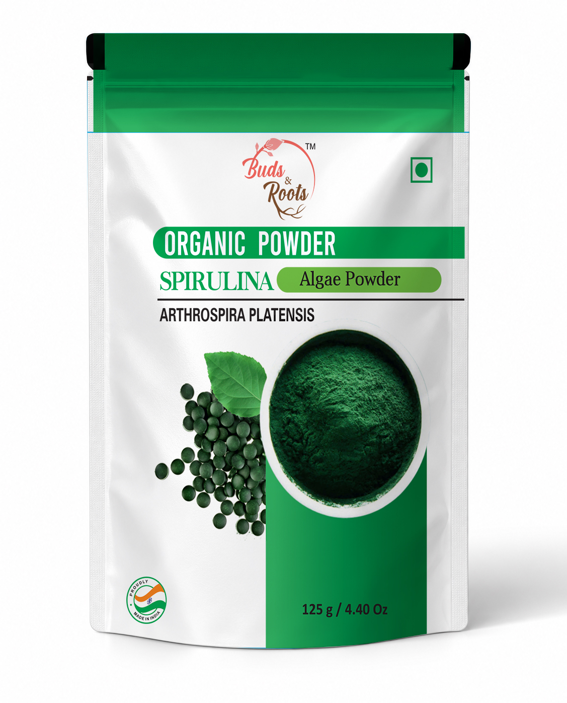 Buds & Roots Spirulina Algae Organic Powder in a resealable pouch.