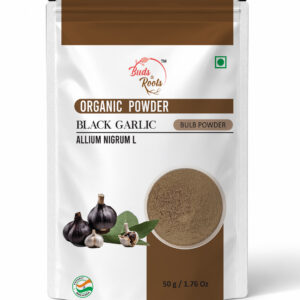 Buds & Roots Black Garlic Bulb Organic Powder in a resealable pouch.