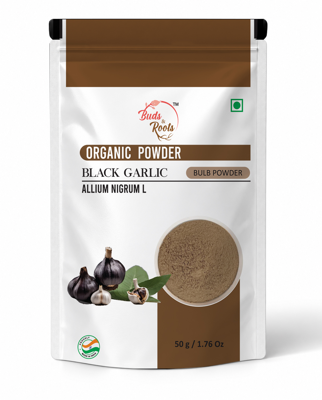 Buds & Roots Black Garlic Bulb Organic Powder in a resealable pouch.