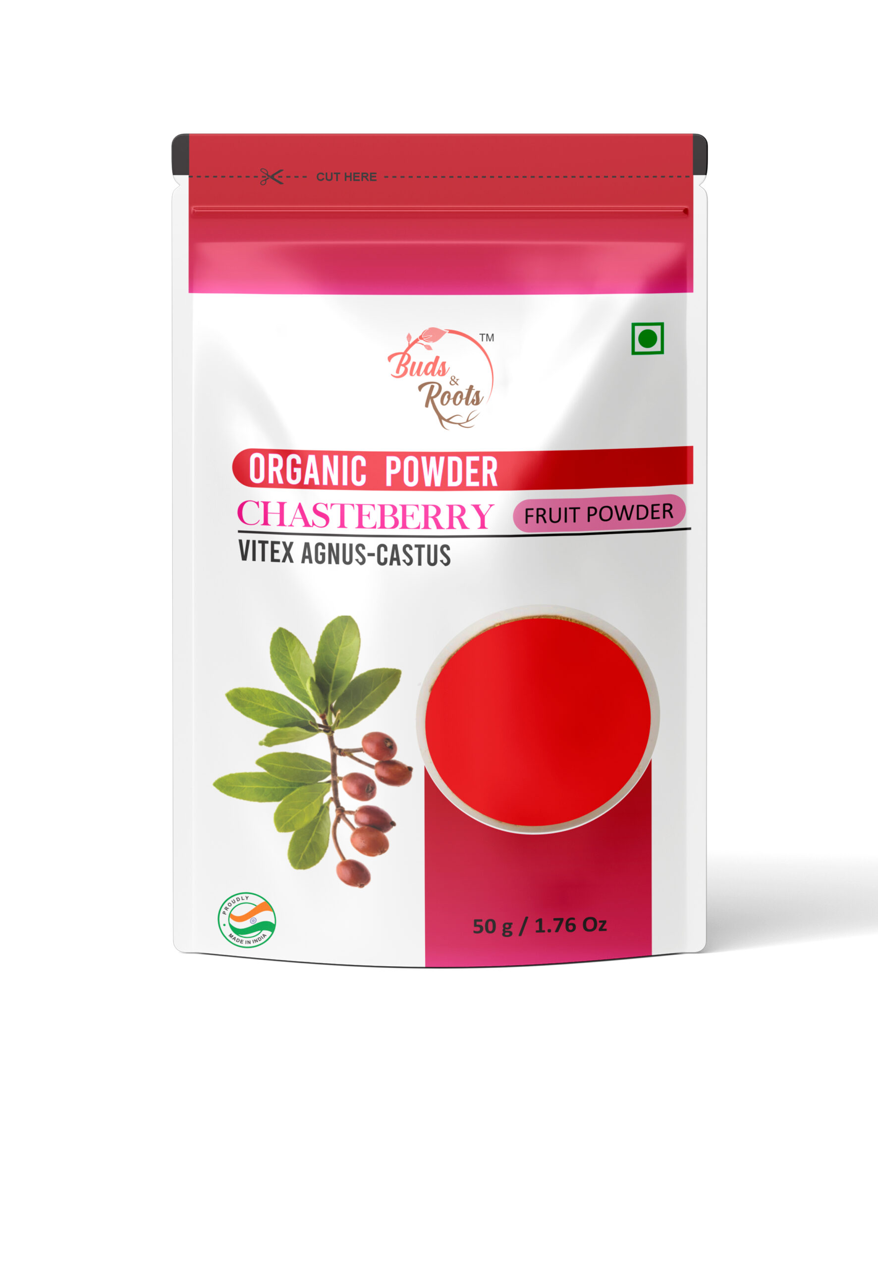 Buds & Roots Chasteberry Fruit Powder in Trinidad and Tobago, finely ground chasteberry fruit powder in convenient packaging for everyday herbal use.