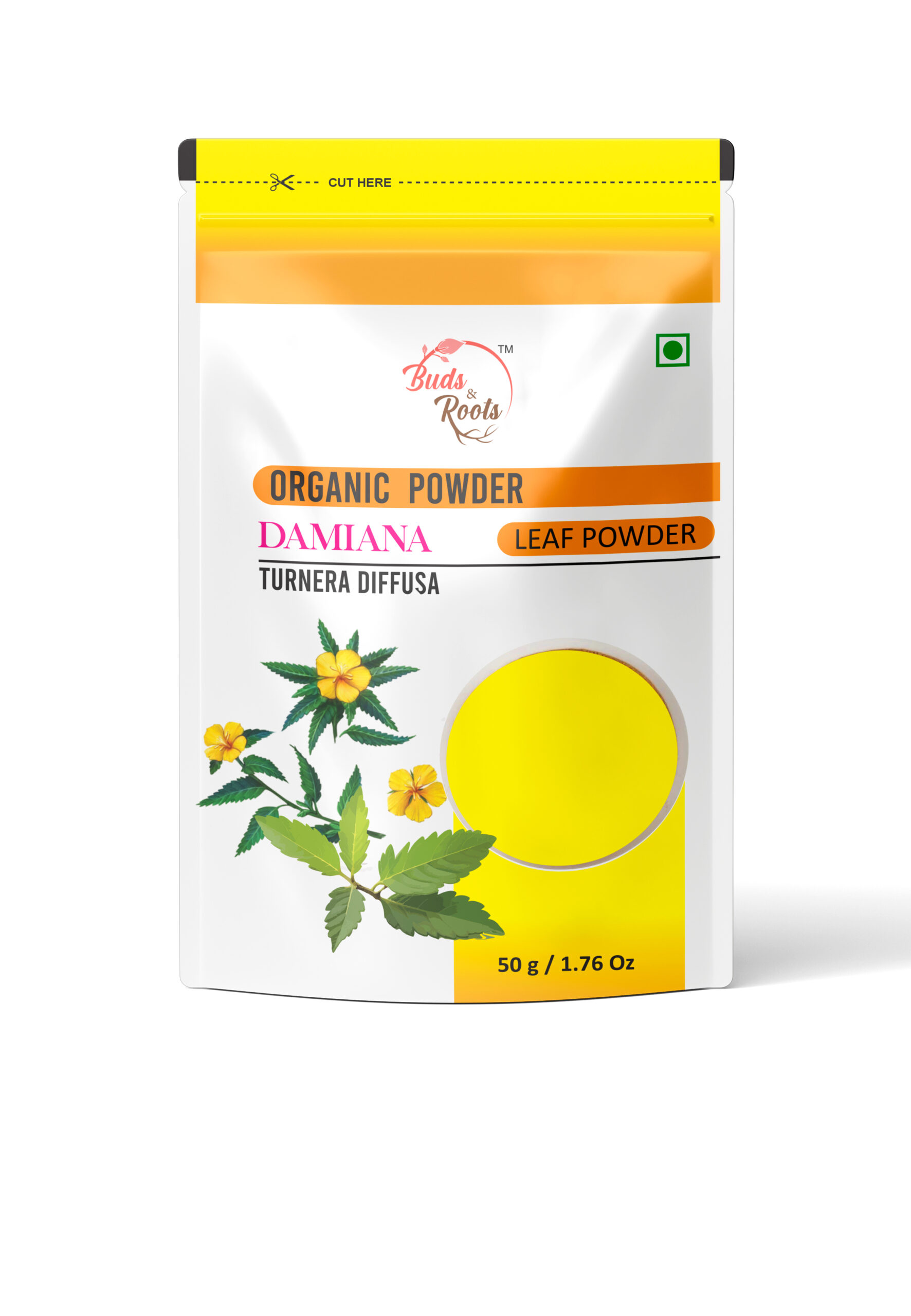 Buds & Roots Damiana Leaf Powder in Trinidad and Tobago, finely ground damiana leaf powder in convenient packaging for everyday herbal use.
