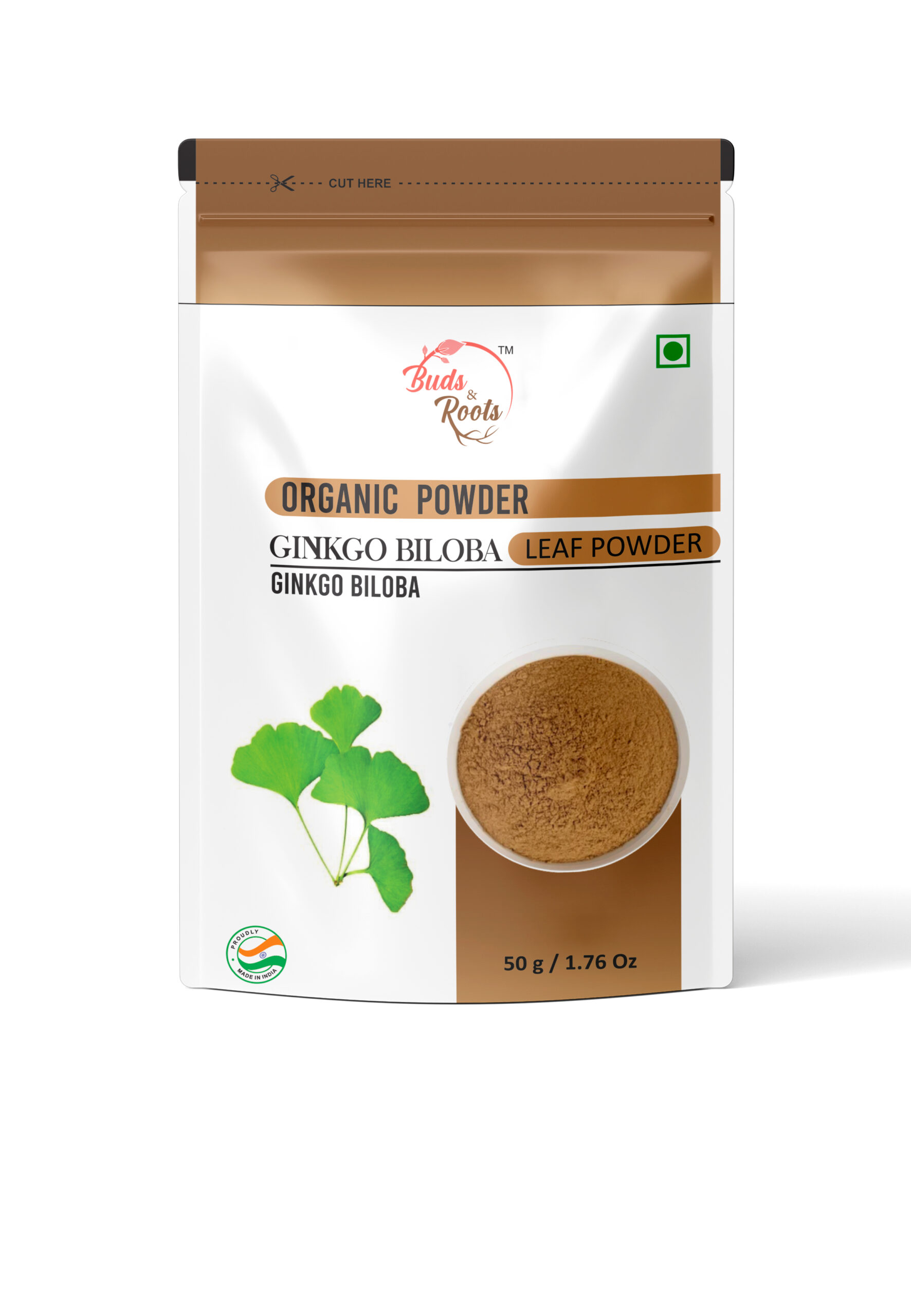 Buds & Roots Ginkgo Biloba Leaf Powder in Trinidad and Tobago, finely ground ginkgo biloba leaf powder in convenient packaging for everyday herbal use.