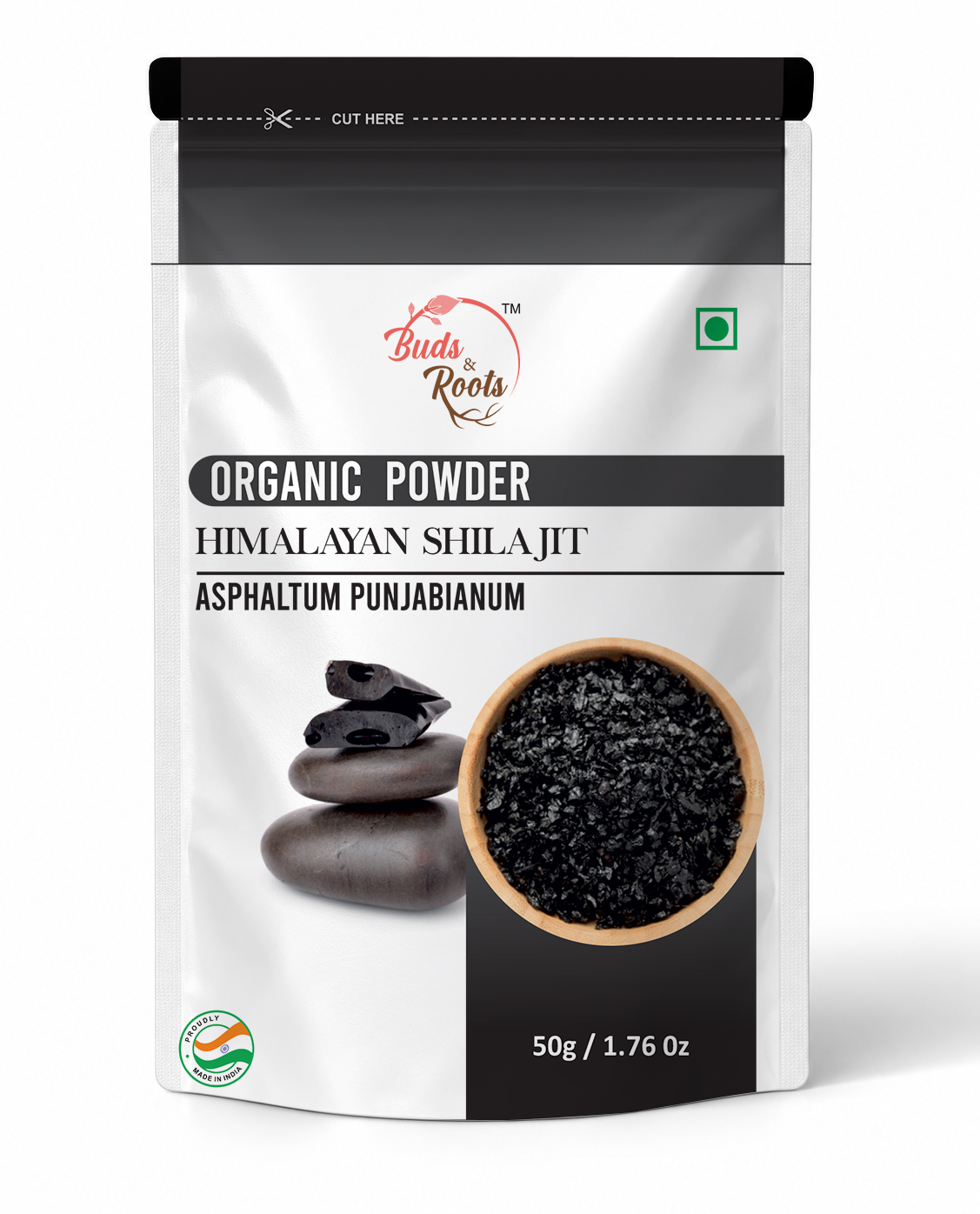 Buds & Roots Himalayan Shilajit Powder in a resealable pouch.