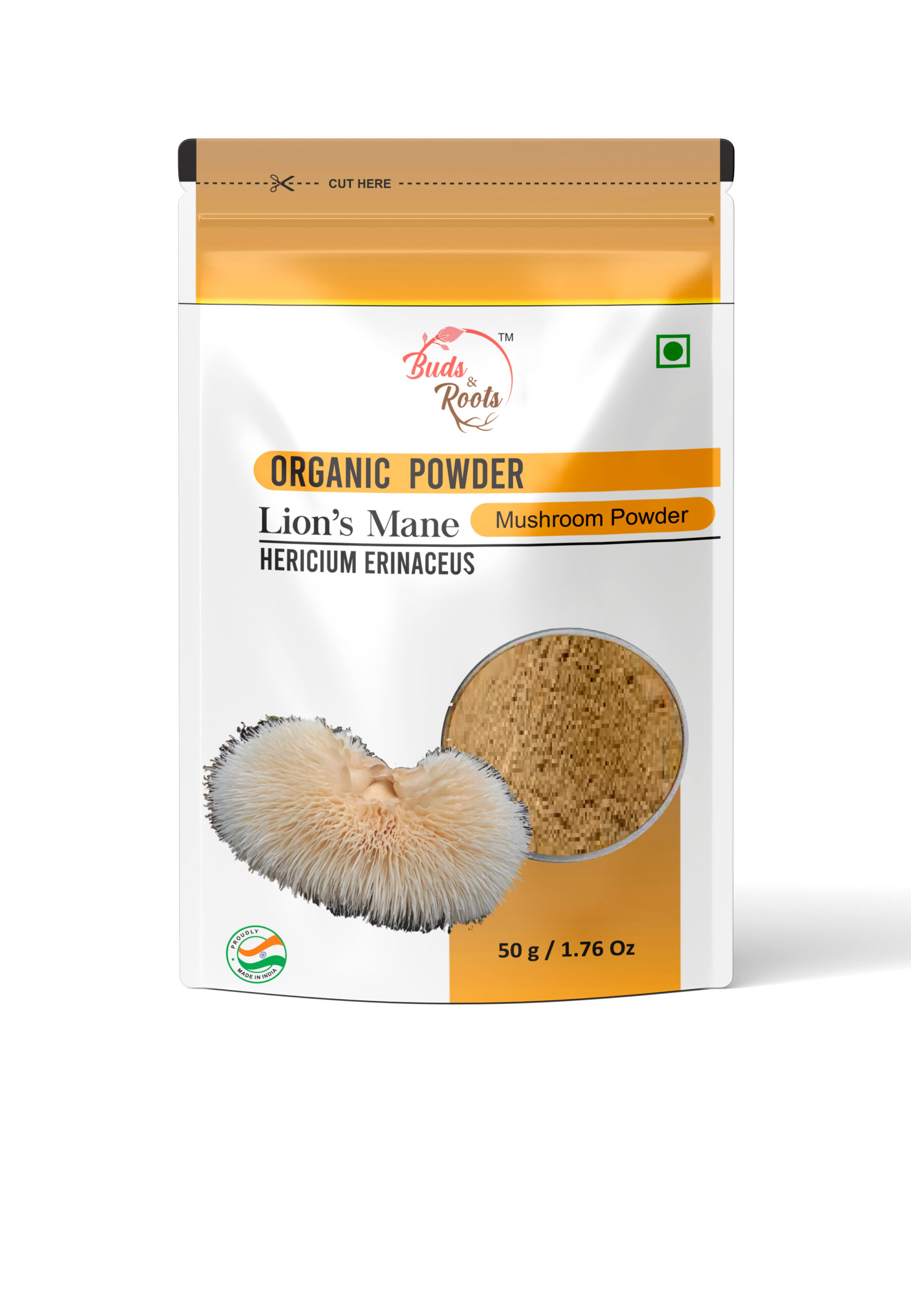 Buds & Roots Lion’s Mane Mushroom Powder in Trinidad and Tobago, finely ground lion’s mane mushroom powder in convenient packaging for everyday wellness use.