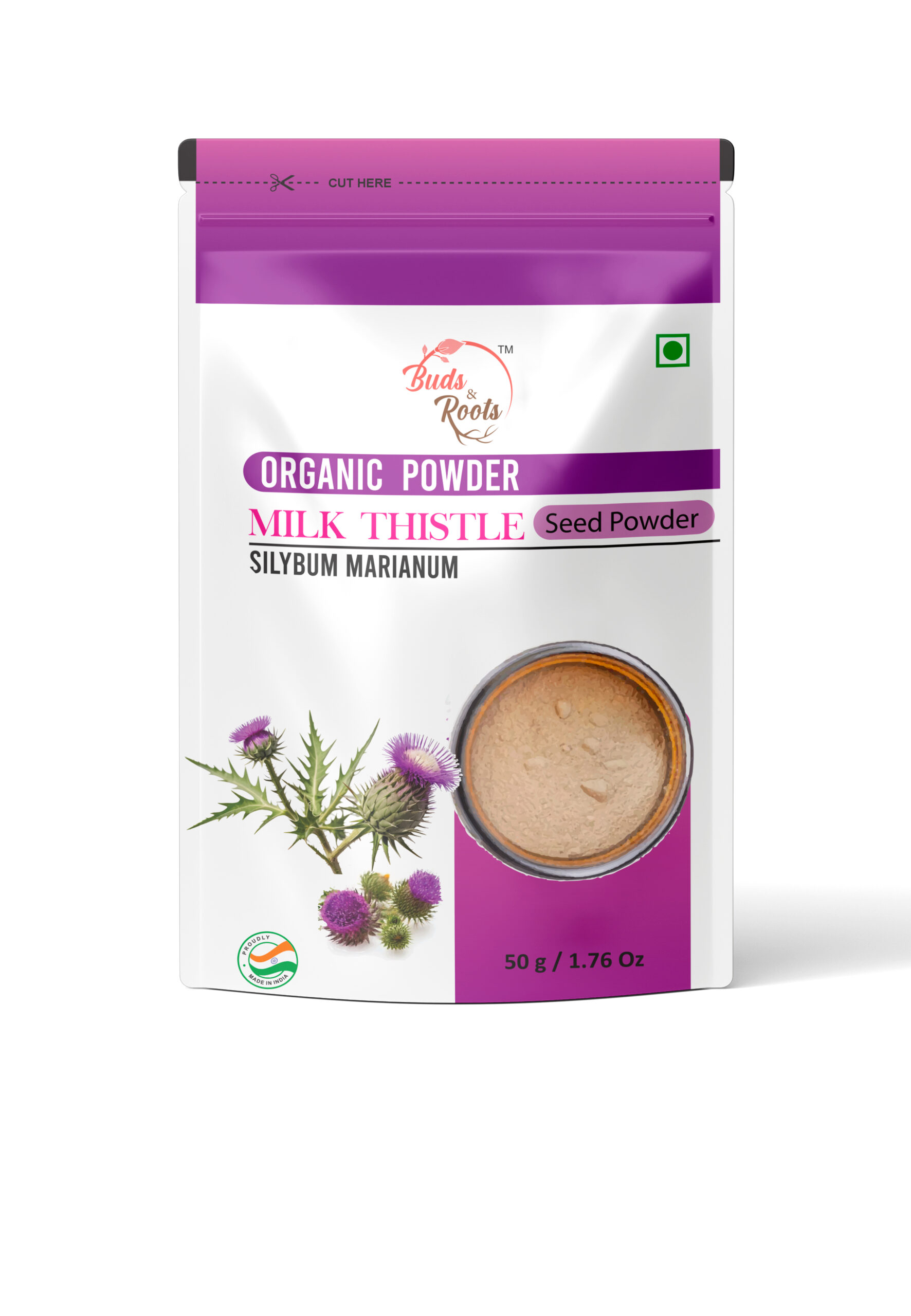 Buds & Roots Milk Thistle Seed Powder in Trinidad and Tobago, a finely ground herbal powder made from milk thistle seeds in convenient packaging.