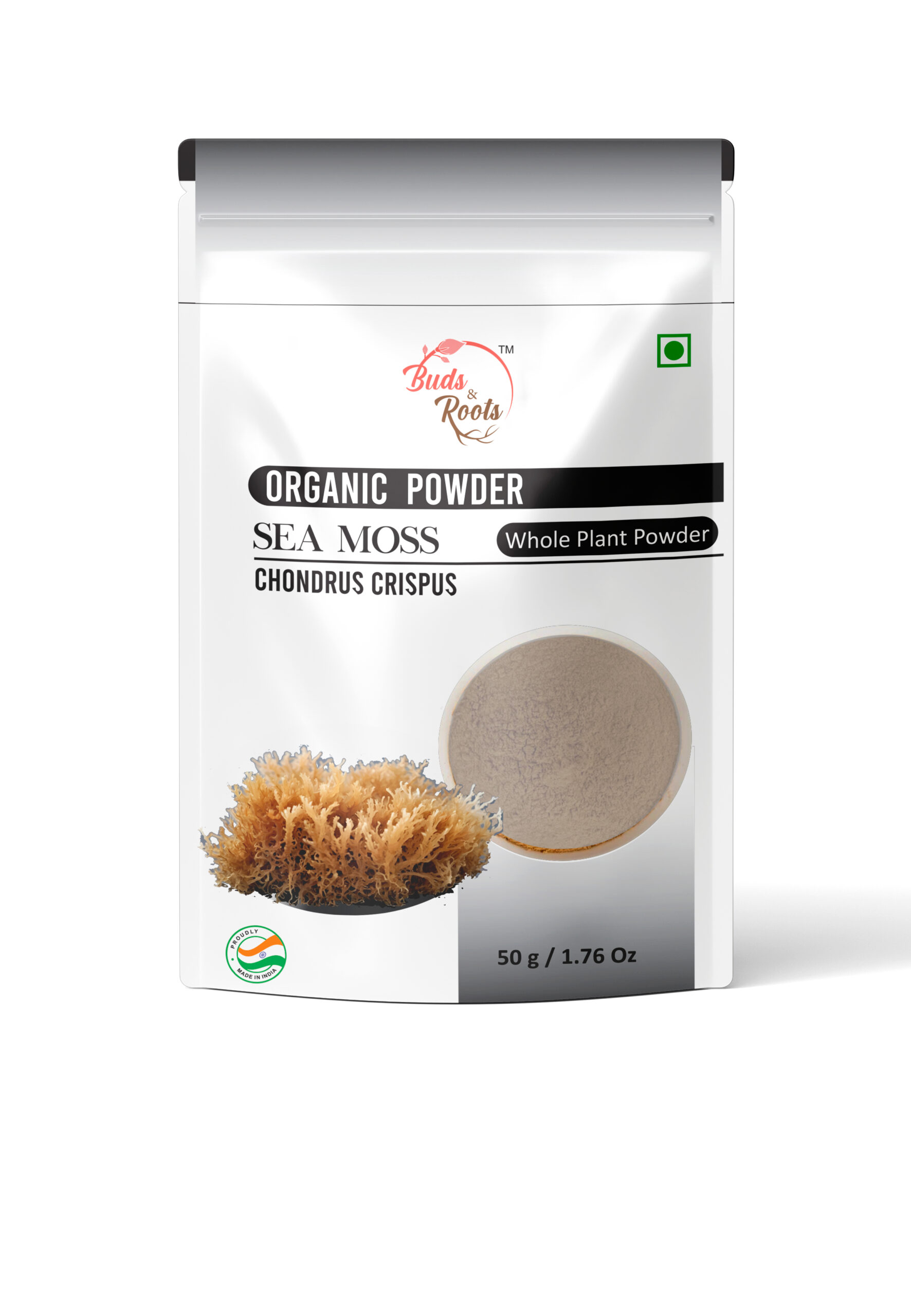 Buds & Roots Sea Moss Whole Plant Powder in Trinidad and Tobago, finely ground sea moss whole plant powder in convenient packaging for everyday wellness use.