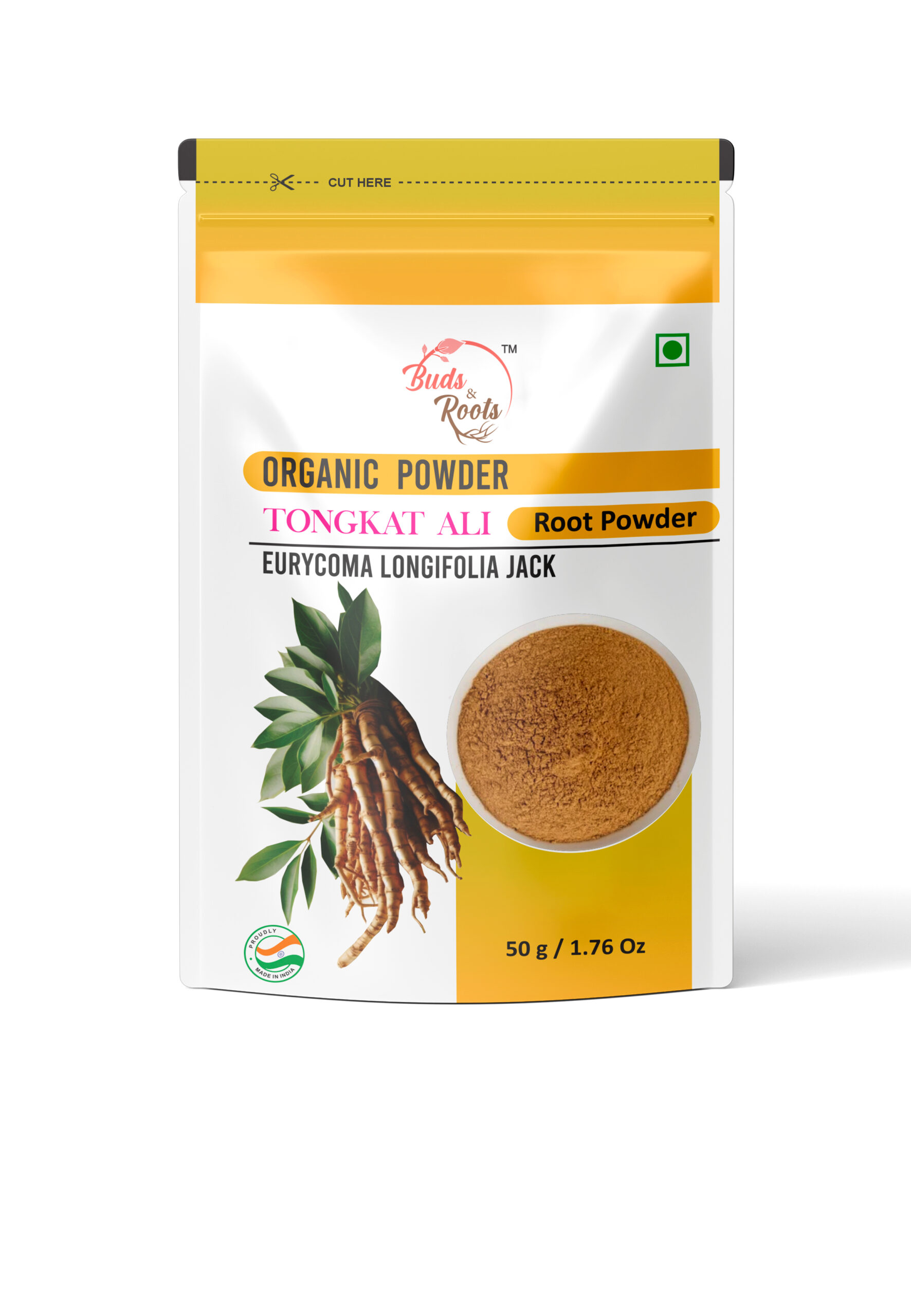 Buds & Roots Tongkat Ali Root Powder in Trinidad and Tobago, finely ground tongkat ali root powder in convenient packaging for everyday herbal use.