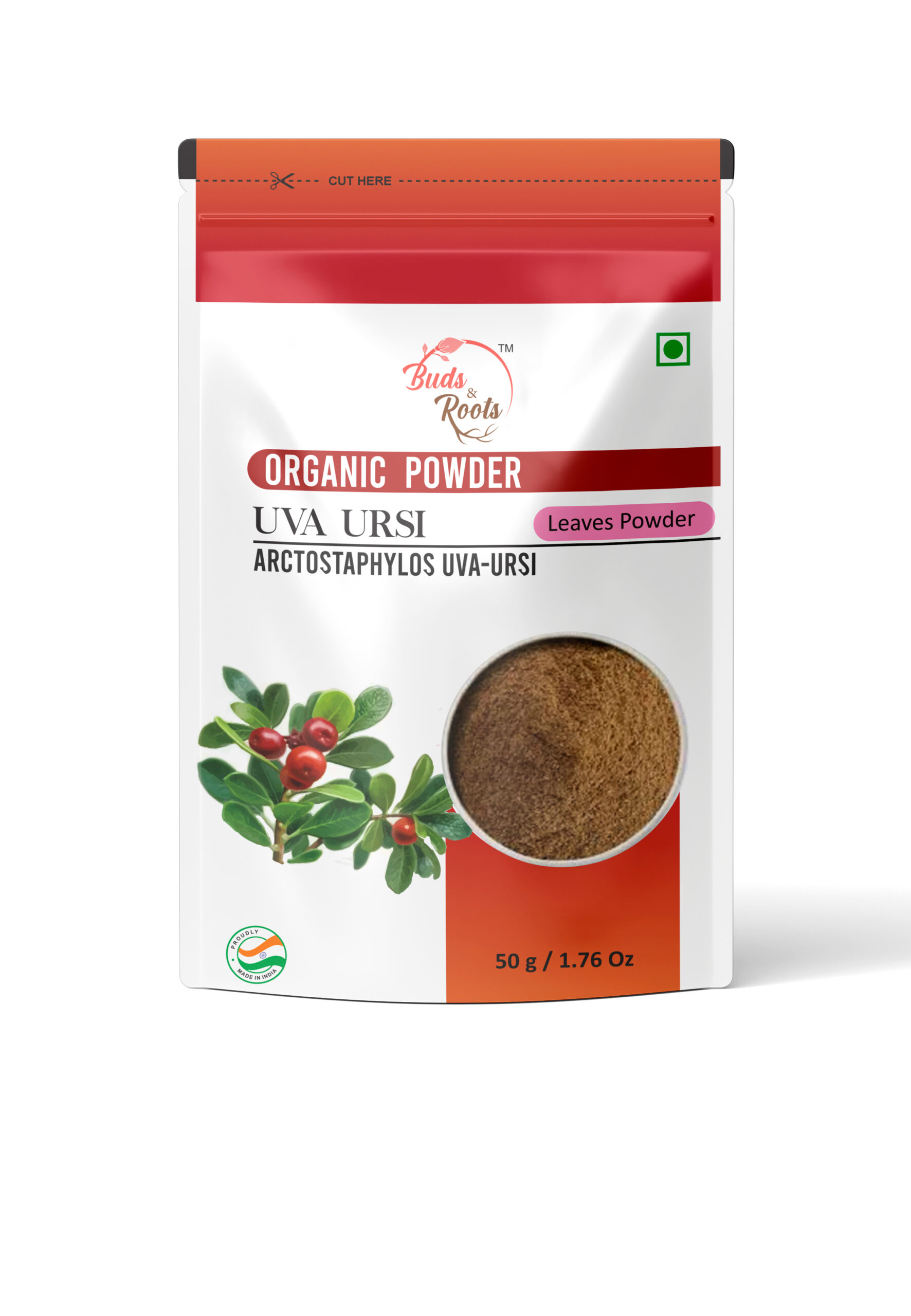 Buds & Roots Uva Ursi Leaf Powder in Trinidad and Tobago, finely ground uva ursi leaf powder in convenient packaging for herbal use.