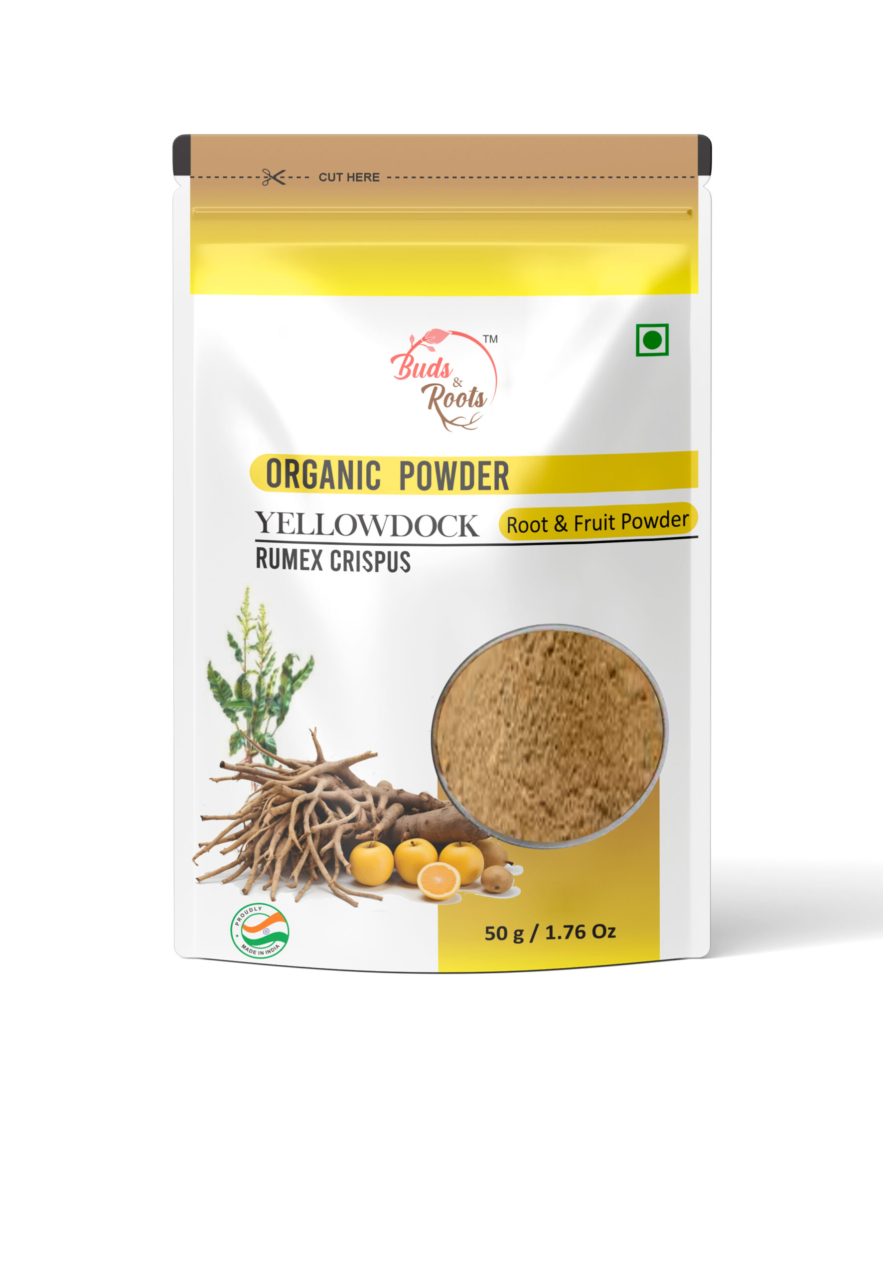 Buds & Roots Yellow Dock Root Powder in Trinidad and Tobago, a finely ground herbal powder packaged for convenient everyday use.