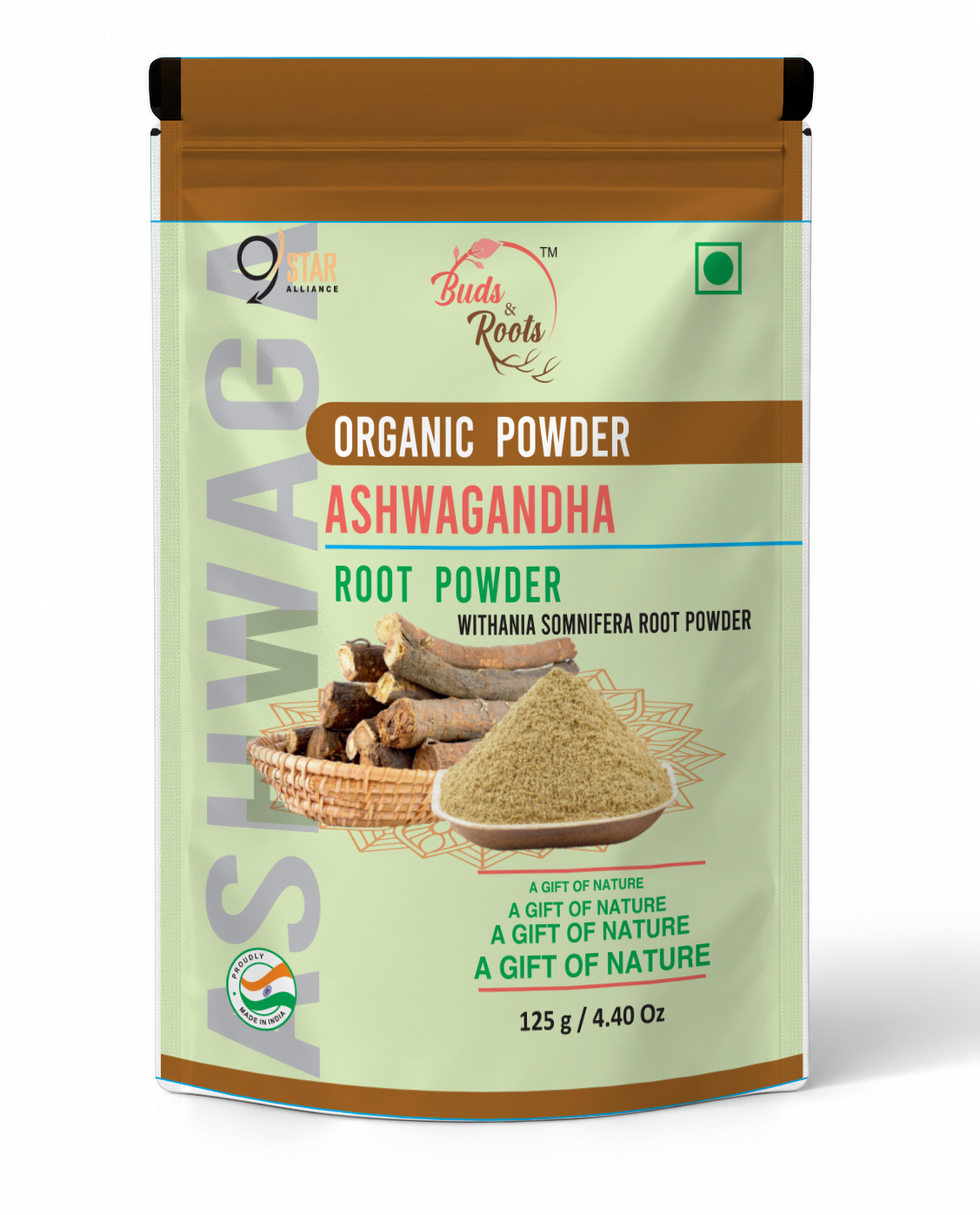 Buds & Roots Ashwagandha Root Powder in a resealable pouch.