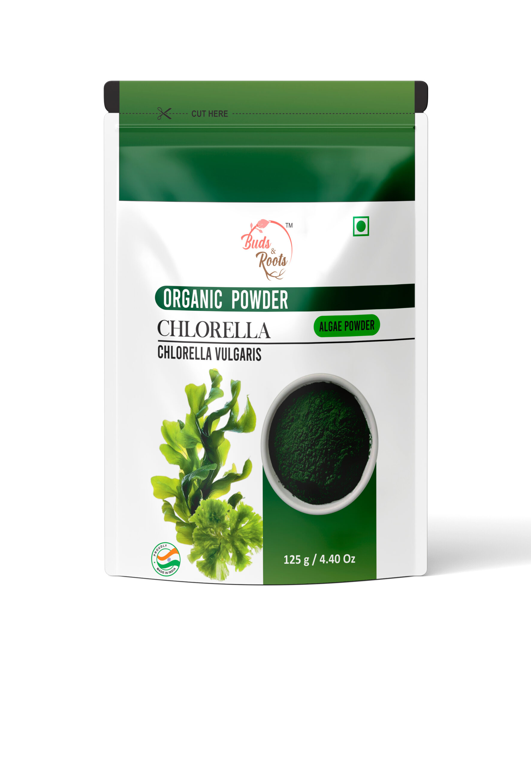 Buds & Roots Chlorella Organic Powder in Trinidad and Tobago, finely ground chlorella powder in convenient packaging for everyday nutritional and wellness use.