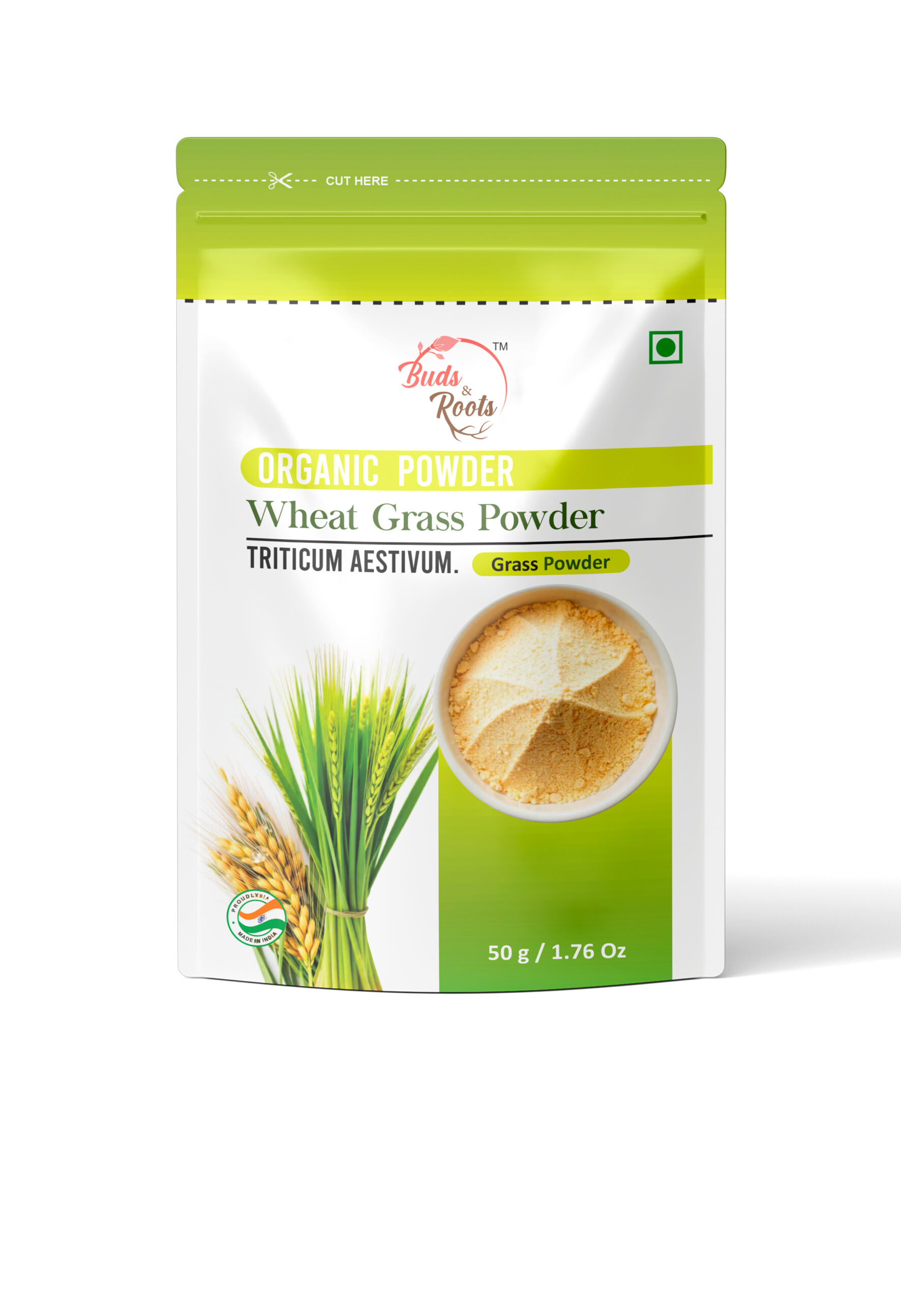 Buds & Roots Wheatgrass Organic Powder in Trinidad and Tobago, finely ground wheatgrass powder in a convenient package for everyday wellness use.