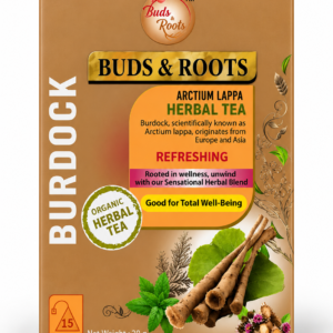 Buds & Roots Burdock Herbal Tea in a resealable package.