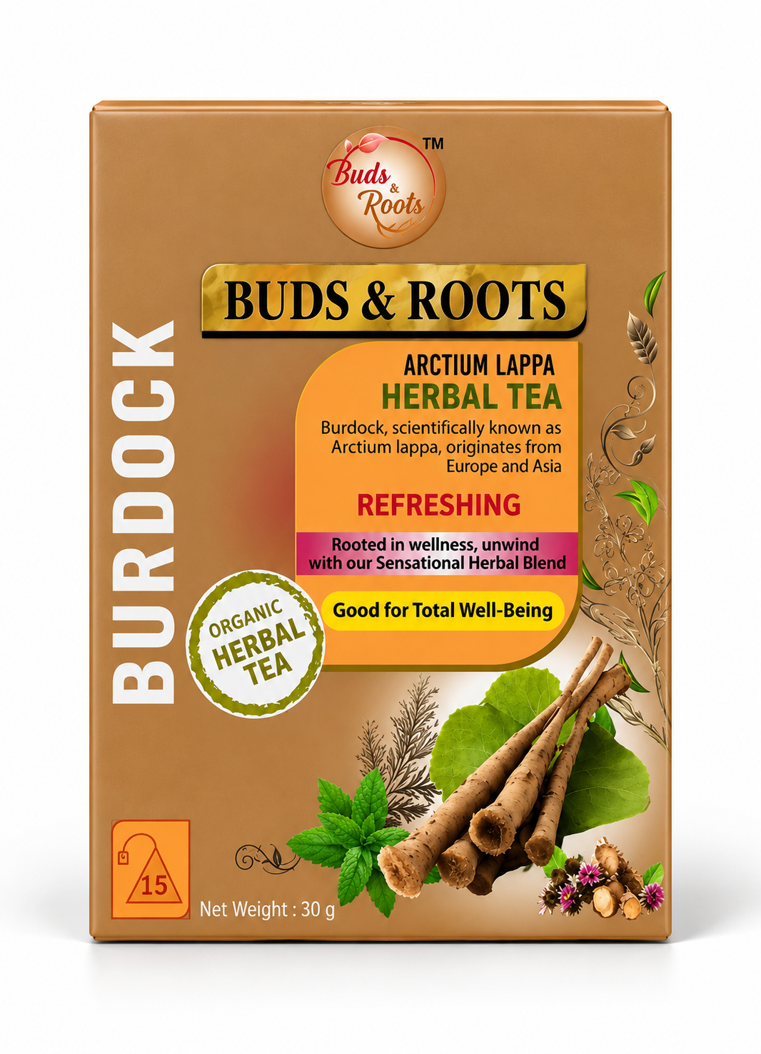 Buds & Roots Burdock Herbal Tea in a resealable package.